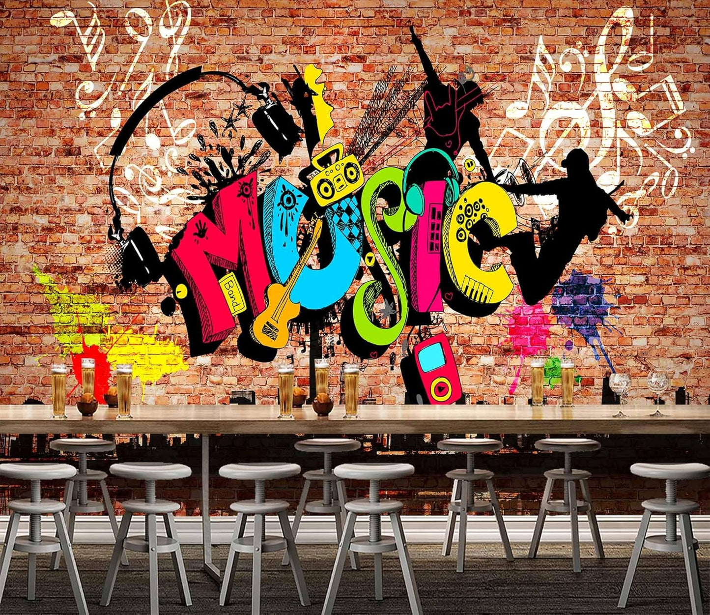 WFBHUA-Music Graffiti Wallpaper Abstract City Brick Wall Hip-hop Murals for Bar Ktv Industrial Background (Not Peel and Stick)