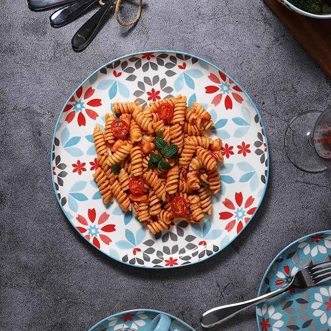 Lorren Home Trends Floral Bone China Dinnerware Set, 12 Piece Service for 4, Blue Red Gray Pattern, Dishwasher Microwave Safe