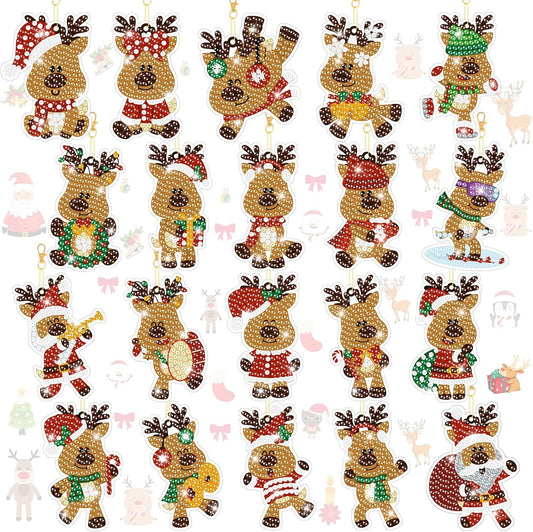 Tondiamo 20 Pcs Christmas Diamond Painting Keychain Kits 5D DIY Diamond Art Pendants Double Sided Hanging Key Chains for Christmas Party Decoration DIY(Deer Style)