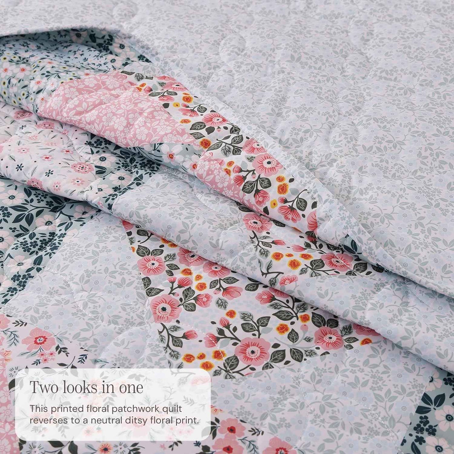 BLOOMHAVEN Quilt Set Queen Size, Patchwork Pink Floral Quilt Sets, Reversible Bedspread Lightweight and Breathable for All Seasons, Soft Quilted Bedspread with 2 Pillow Shams