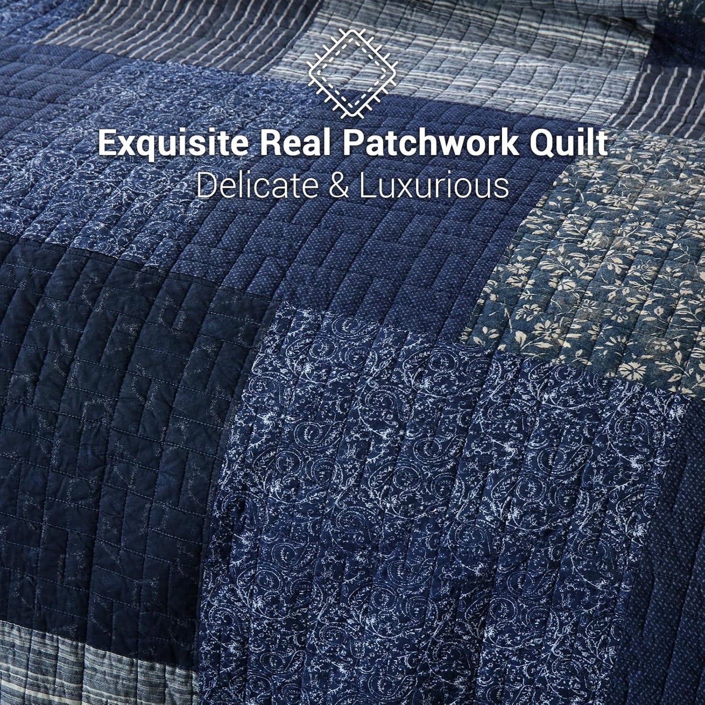 Yvooxny Quilts King Size Reversible Lightweight Bedspread 3-Piece Quilt Set Plaid Floral Patchwork 100% Cotton King Quilt Set Bedding Set with Pillow Shams for All Seasons, Azure Blue, 98x106''