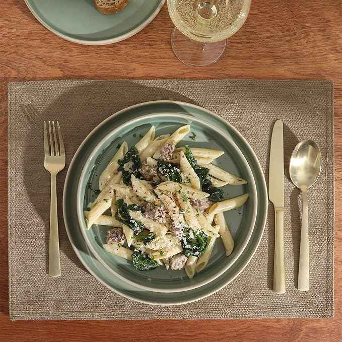 Gibson Elite Liberty Bay 16-Piece Pottery Clay Stoneware Dinnerware Set – Mint Green Reactive Glaze, Stackable Plates and Bowls W/Pasta Bowl, Service for 4 – Microwave & Dishwasher Safe