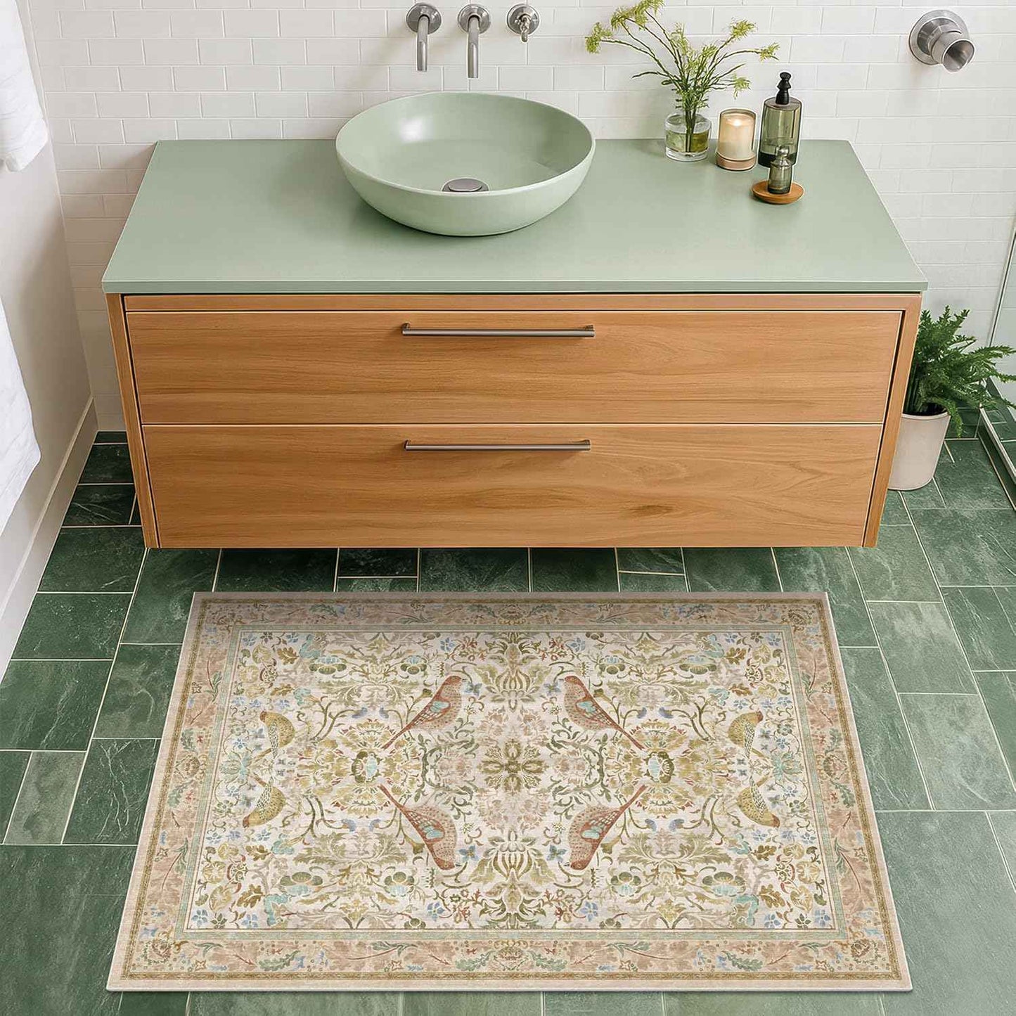 Beige Boho Bathroom Rugs 2x3 Washable Non Slip - Soft Low Pile Small Throw Rug for Entryway, Kitchen, Powder Room - Unique Farmhouse Bird & Pattern Botanical Decorative Door Mats