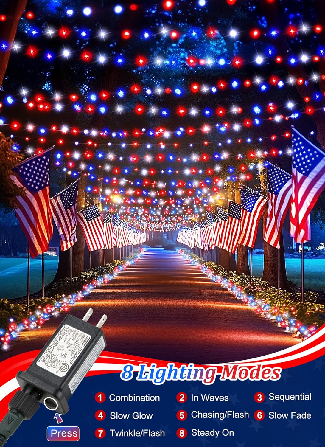Red White Blue LED Lights - 100 Count 4th July Decoration Connectable Patriotic Mini String Lights Waterproof for Indoor Outdoor Xmas Holiday Party Patio Independence Day Decoration