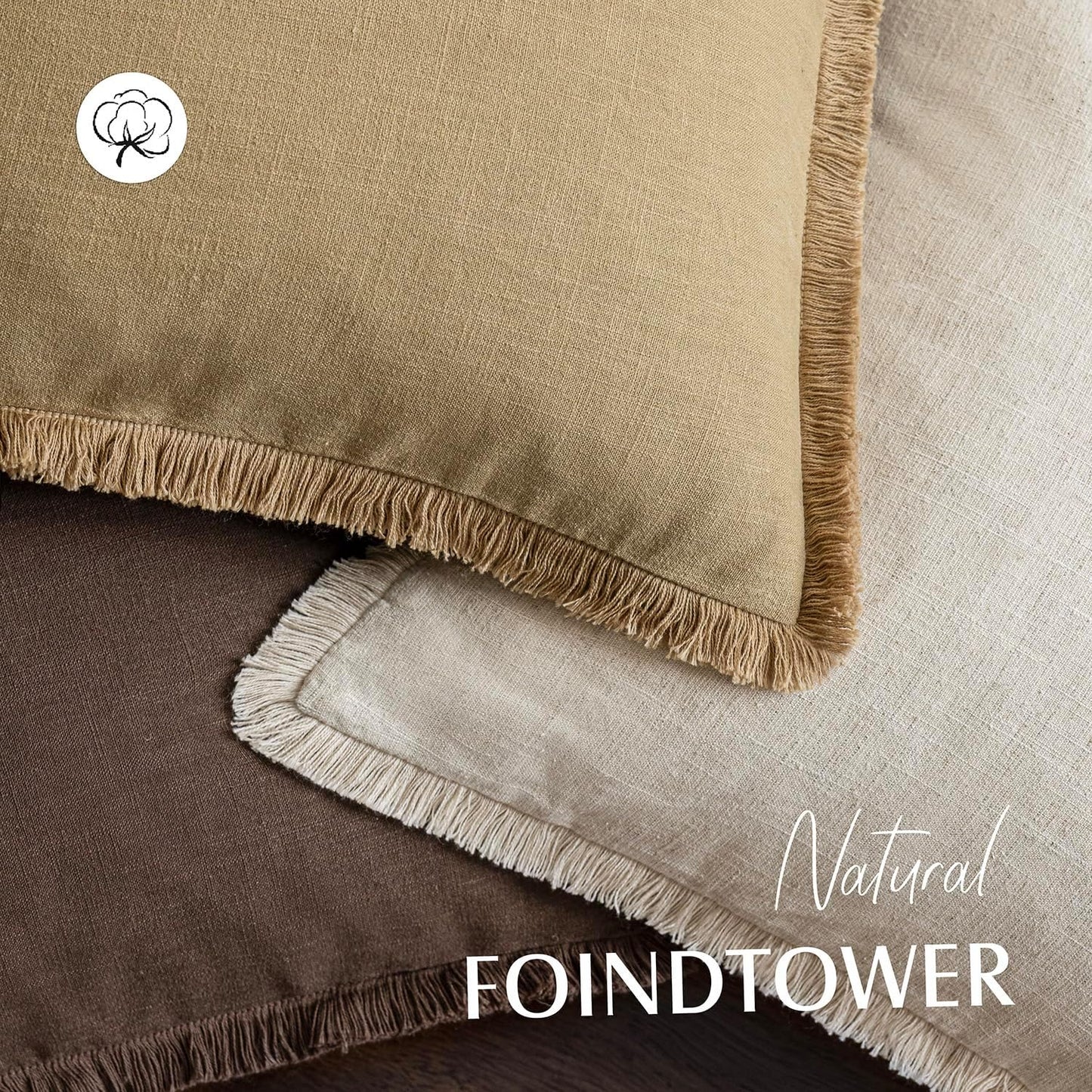 Foindtower Set of 2 Decorative Linen Fringe Throw Pillow Covers Boho Farmhouse Cushion Cover with Tassels Soft Accent Pillowcase for Couch Sofa Bed Living Room Home Decor,26×26 Inch,Light Khaki Taupe