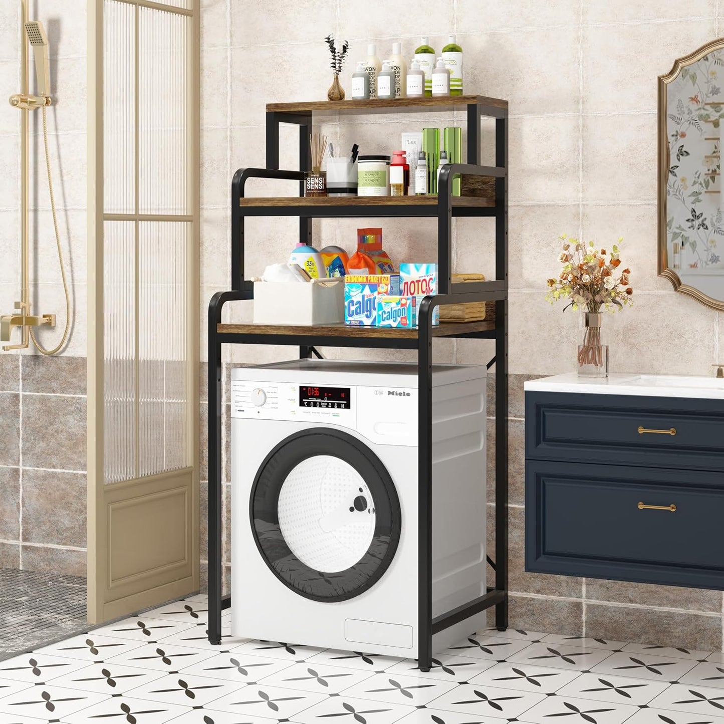 3-Tier Bathroom Room Shelf Washing Machine Storage Utility Rack Over The Toilet Washer Dryer Storage Bathroom Organizer Rack Space Saving Shelving Units Clothes Dryers Shelf