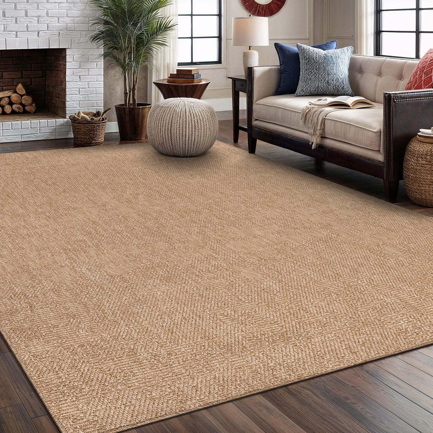 Washable Easy Jute Rug 8x10, Indoor Outdoor Rugs Natural Color Farmhouse Area Rugs for Living Room, Kitchen Rug High Traffic Area, Easy to Clean Solid Boho Woven Design Outside Carpet (8 X 10 Natural)