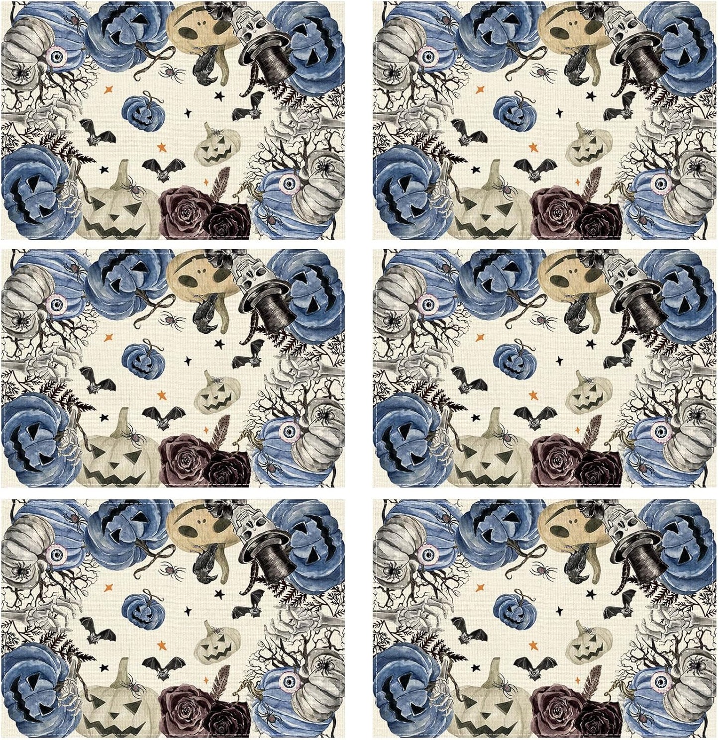 XCHI Spooky Blue Pumpkin Halloween Placemats Set of 6 Table Mats for Party Home Kitchen Dining Table Decorations 12x18 Inch