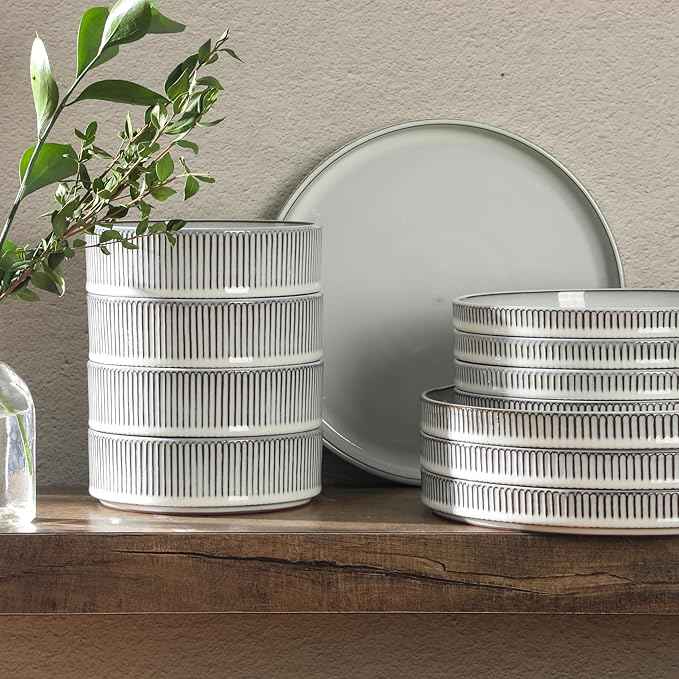 Gibson Elite 12 Piece (Service for 4) Townscape Plates and Bowls Reactive Glaze Embossed Round Dishes Terracotta Ceramic Dinnerware Set - Cream White