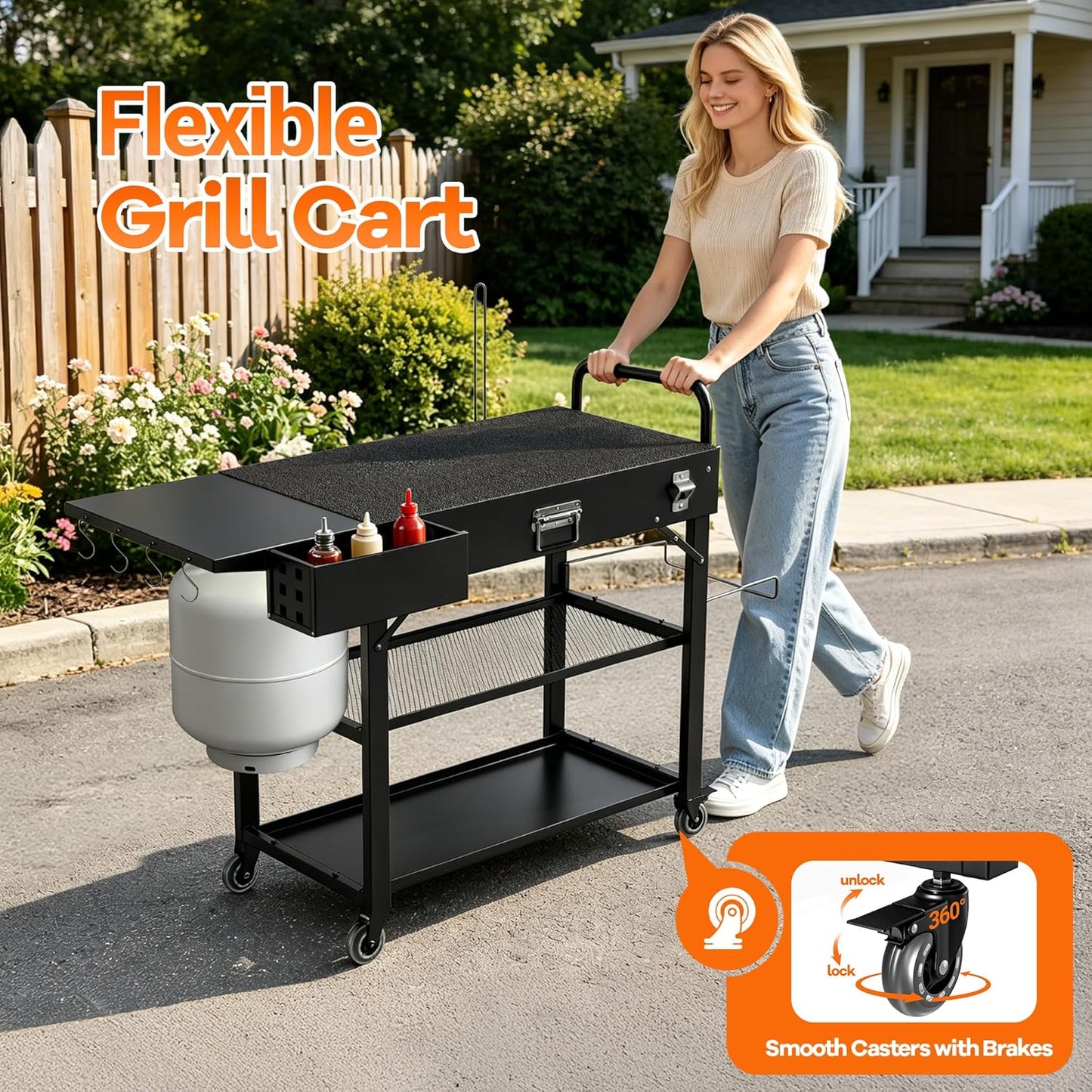 Grill Cart for Blackstone Griddle, Foldable Outdoor Grill Table with Wheels for Ninja, Pizza Oven Stand Grill Stand Fit 17 or 22 Inch Tabletop Griddle, Portable BBQ Prep Station with Tool Hooks
