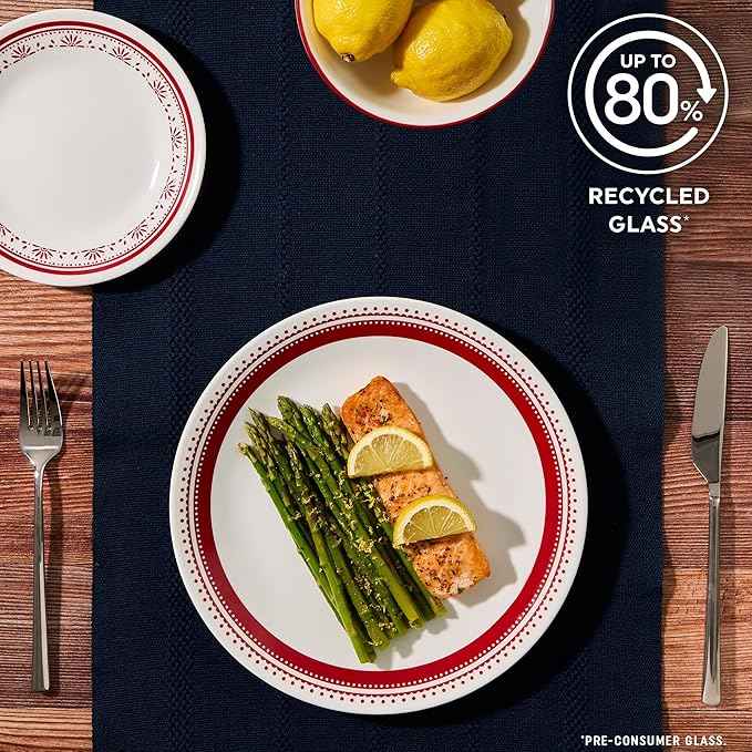Corelle Everyday 18-PC Dinnerware Set Service for 6, Durable and Eco-Friendly, Higher Rim Glass Plate & Bowl Set, Microwave and Dishwasher Safe, Sadie
