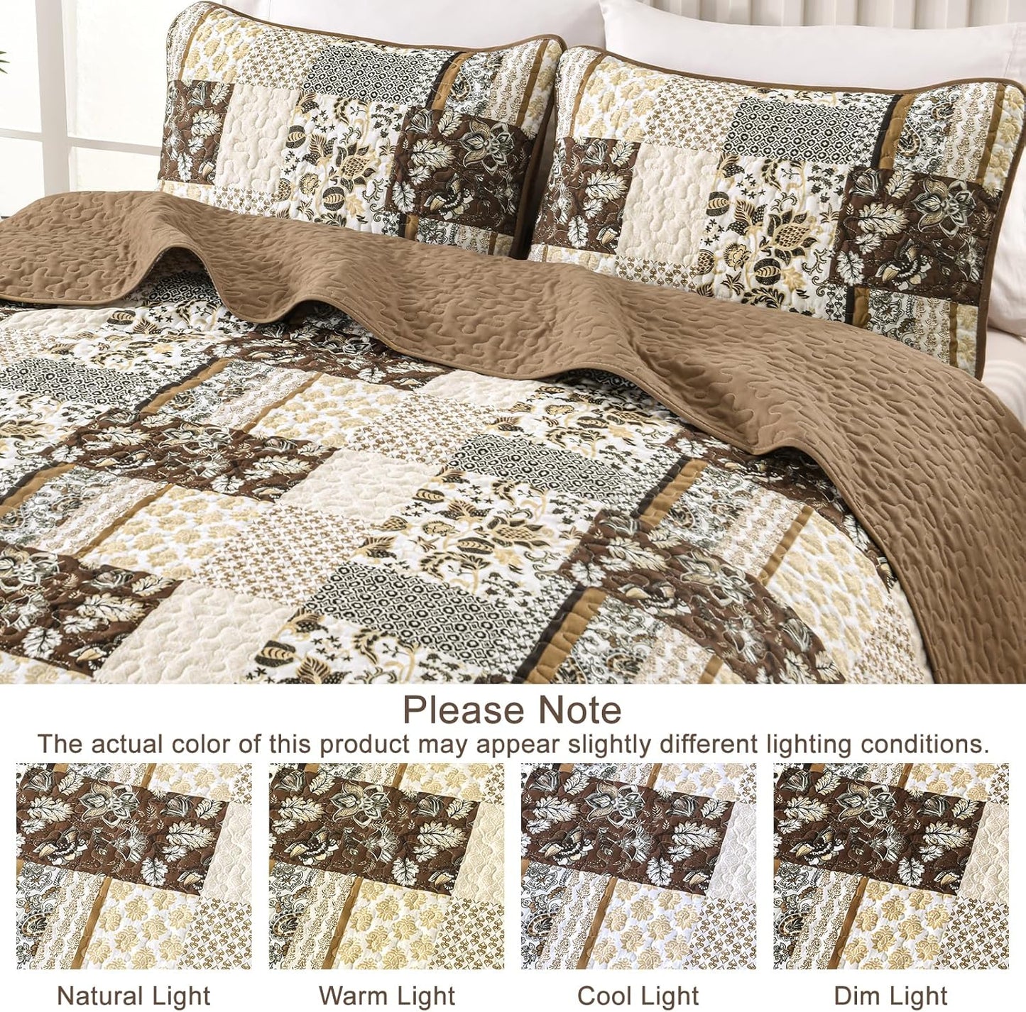 WONGS BEDDING Quilt Set Queen Size Brown, 3 Pieces Patchwork Plaid Bedspread Coverlet Set, Floral Soft Microfiber Bedding Set for All Season(96"×90")