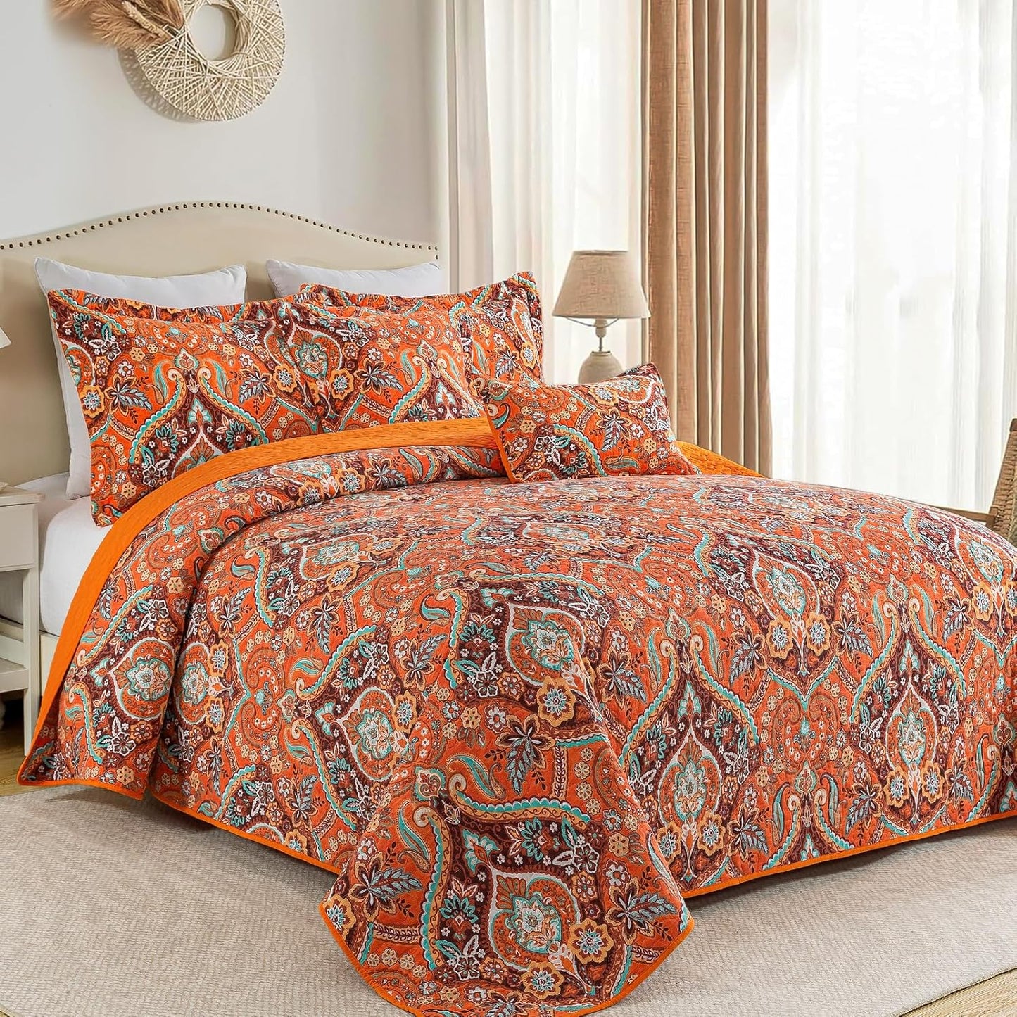 VAPUTAR Cotton Quilt King Size, King Size Quilt Bedding Set with Bohemian Damask Pattern-3Pieces Lightweight Reversible Soft Bedspread Coverlet (98 * 106 in) Suitable for All Season （Light Orange）
