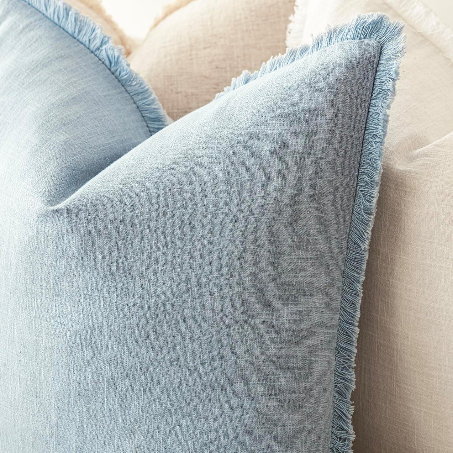 Foindtower Set of 2 Decorative Linen Fringe Throw Pillow Covers Boho Farmhouse Cushion Cover with Tassels Soft Accent Pillowcase for Couch Chair Sofa Bed Living Room Home Decor,16×16 Inch,Sky Blue