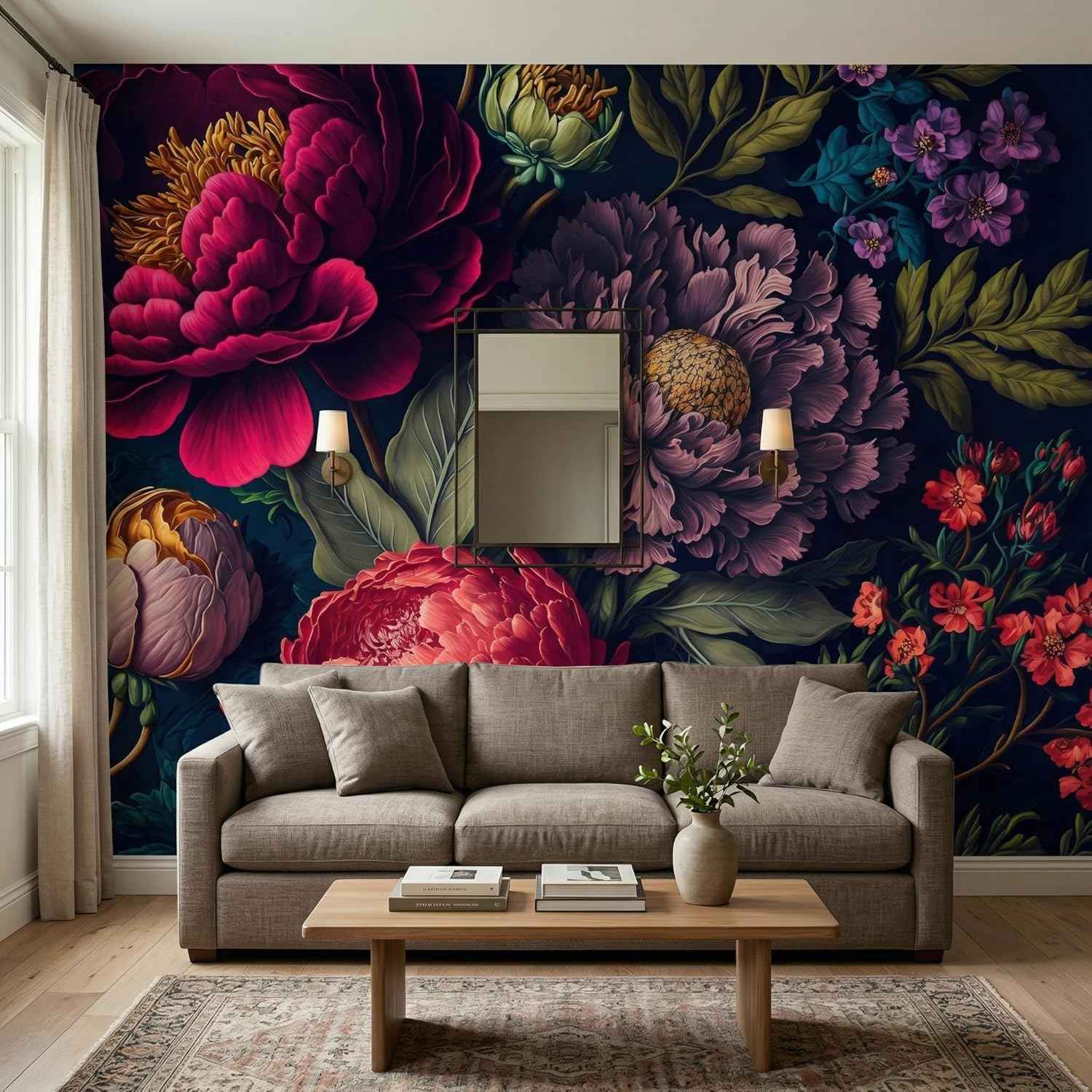 MFWFM Dark Peony Floral Peel and Stick Mural Wallpaper Self Adhesive Vintage Botanical Wall Mural for Bedroom Living Room Dining Room 137" x 96"