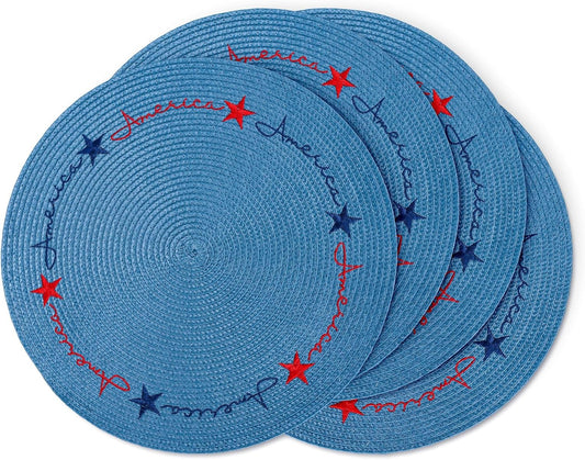 Whaline 4Pcs Round Independence Day Placemats Patriotic Stars Embroidered Place Mats 4th of July Dinner Table Mats for Home Holiday Birthday Party Decor