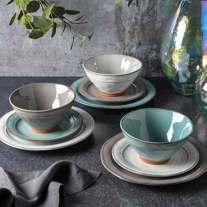 Gibson Elite Terranea Round Reactive Glaze Terra Cotta Dinnerware Set, Service for Four (12pcs), White