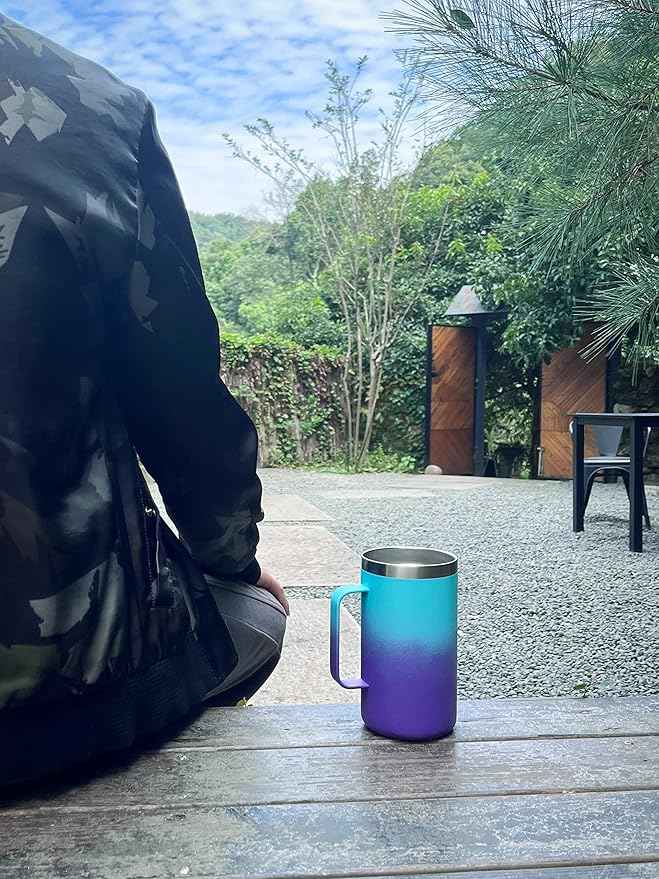 KXIAOCHEN 20oz Insulated Coffee Mug with Lid, Stainless Steel Coffee Cup, Double Wall Vacuum Coffee Tumbler with Handle, Premium Thermal Travel Coffee Mug (Blue Green+Purple)