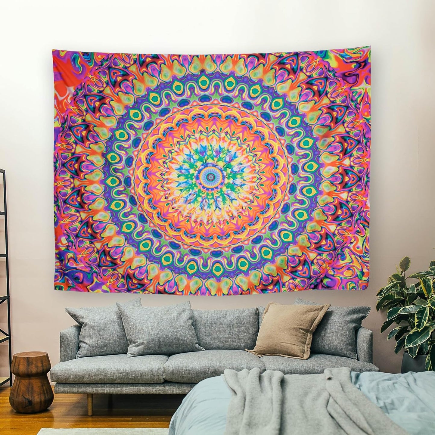 OSVINO Blacklight Colorful Mandala Tapestry 59"x51" Kaleidoscopic Trippy Room Decor Black Light Poster Bohemian Wall Decor for Bedroom Backdrop Decor