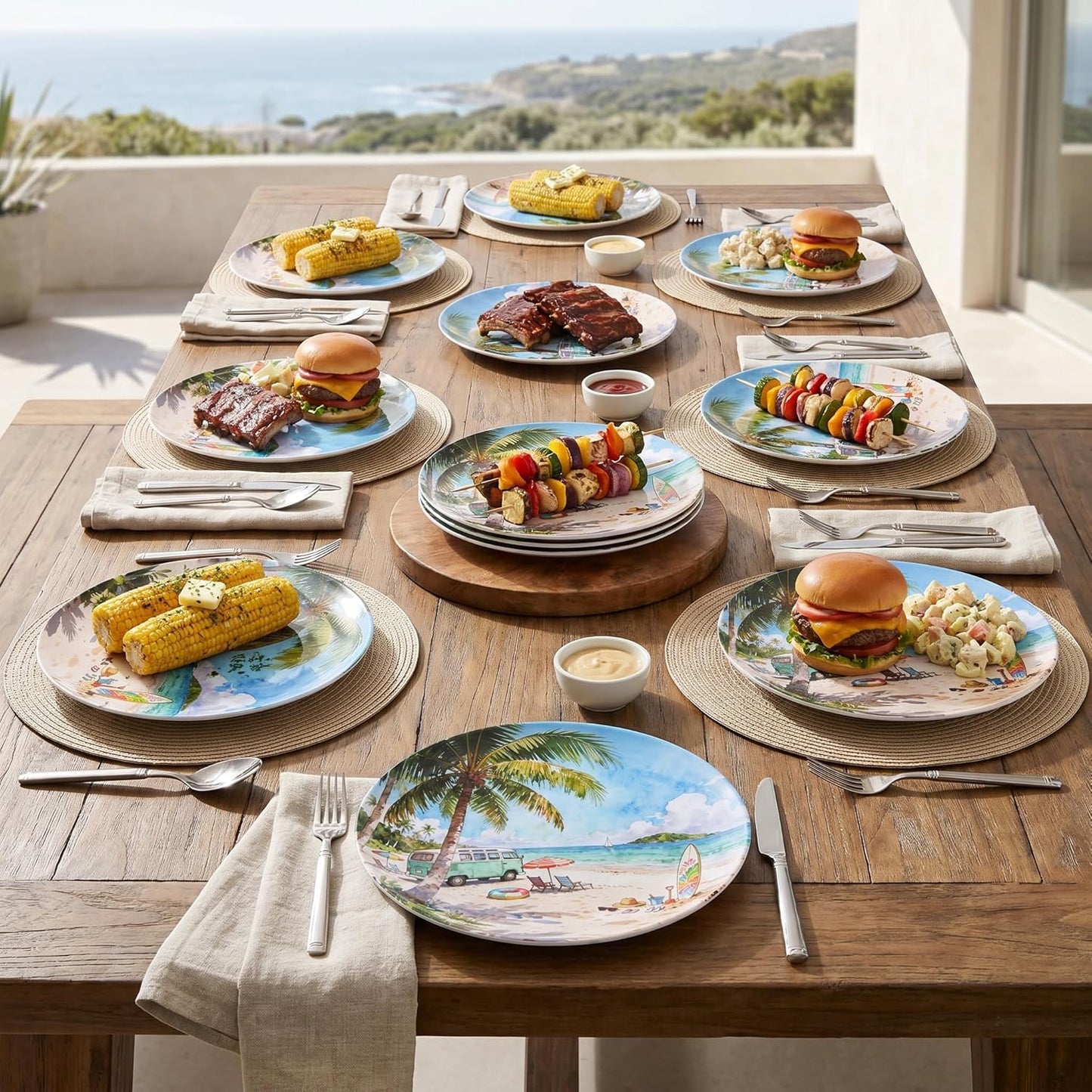 10.5 Inch Melamine Plates Set of 12 – Lightweight & Unbreakable Dinner Plates, Chip Resistant & Dishwasher Safe, Summer Beach Design for Indoor and Outdoor Use