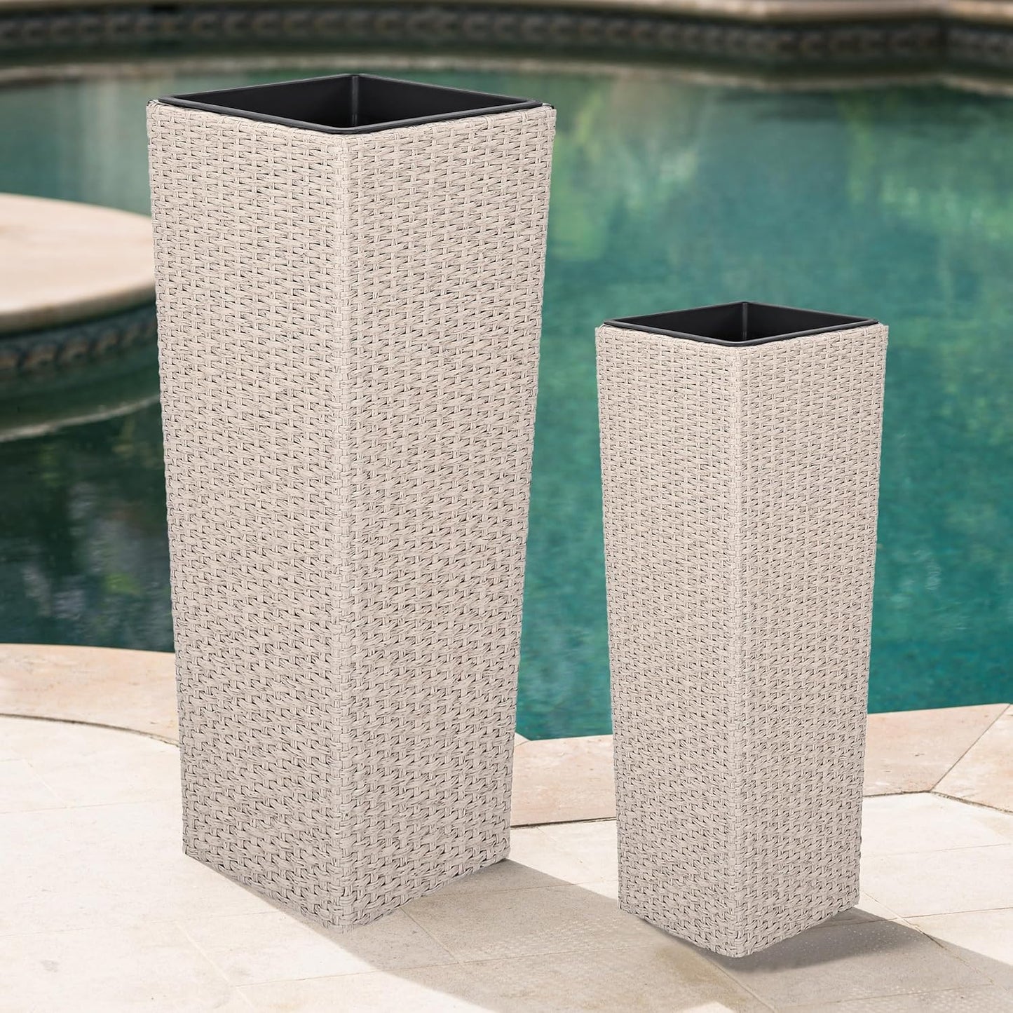 32"H Outdoor Rattan Flower Pots Set of 2,Patio Wicker All-Weather Planter Set,Rattan Plant Pots with Iron Frame for Herb Garden,or Indoor Decor,Large & Small Sizes, No Assembly Required Beige