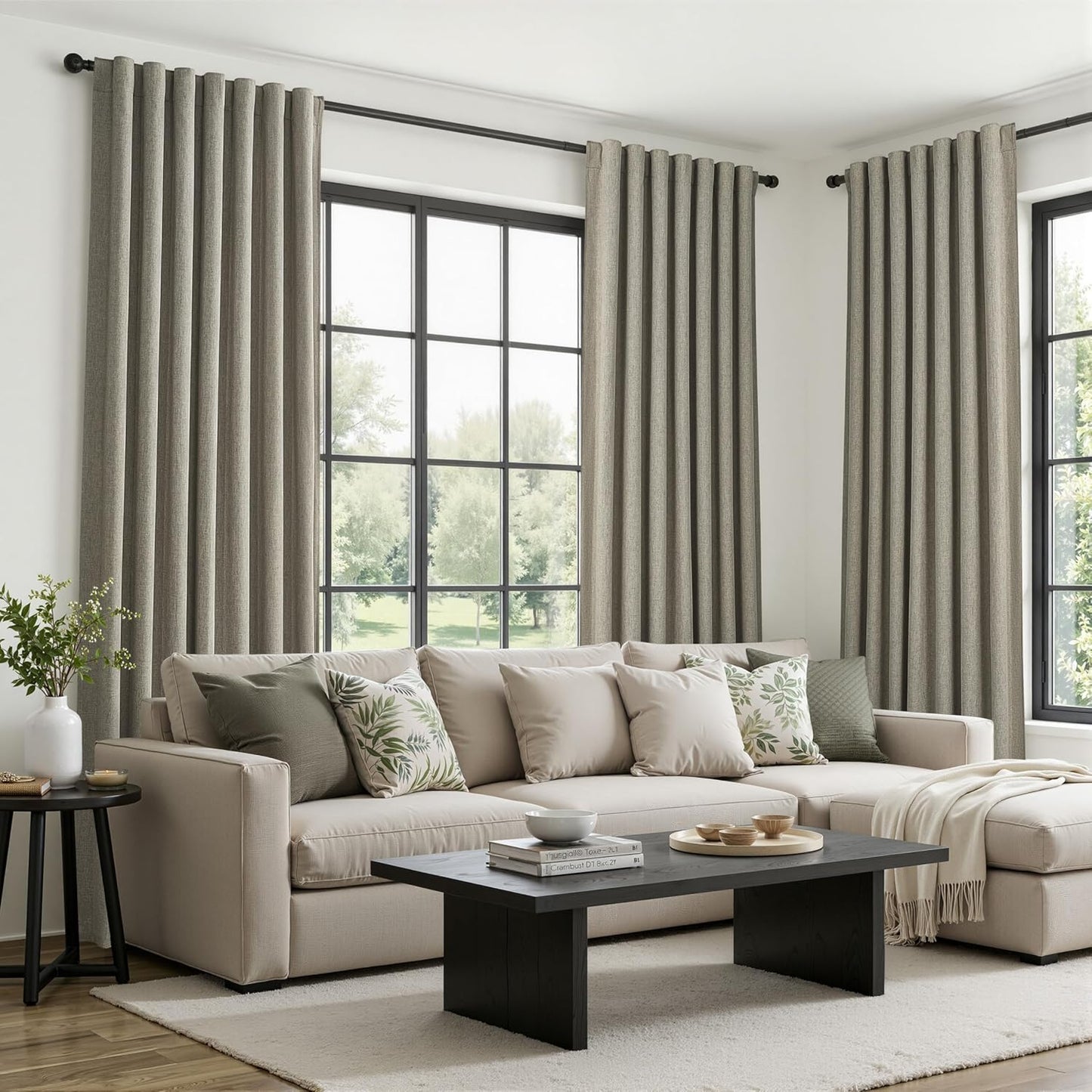 Grey Green Blackout Linen Curtains 90 Inches Long for Living Room/Bedroom, Pleated Window Track Heavy Curtain for winter with Pin Hooks Boho Dark Green Drapes Thermal Insulated (50"Wx90"Lx2Panels)