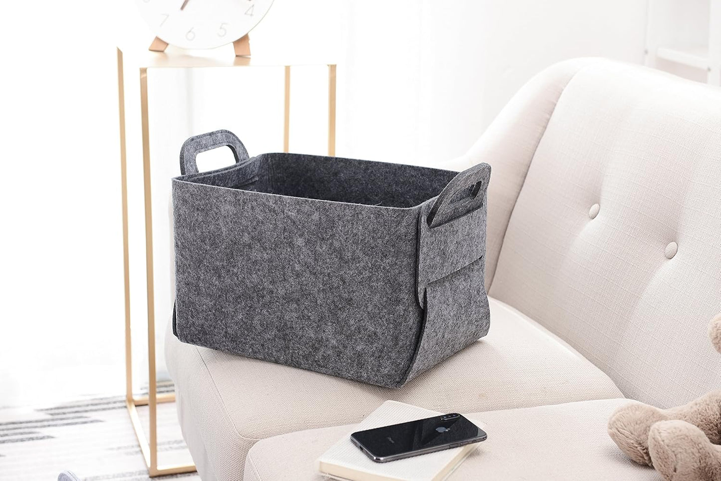 Minoisome Storage Basket Felt Storage Bin Collapsible& Convenient Box Organizer with Carry Handles for Office Bedroom Closet Babies Nursery Toys Laundry (Grey, 13.8inch（L）×9.5inch（W）×8.3inch（H）)