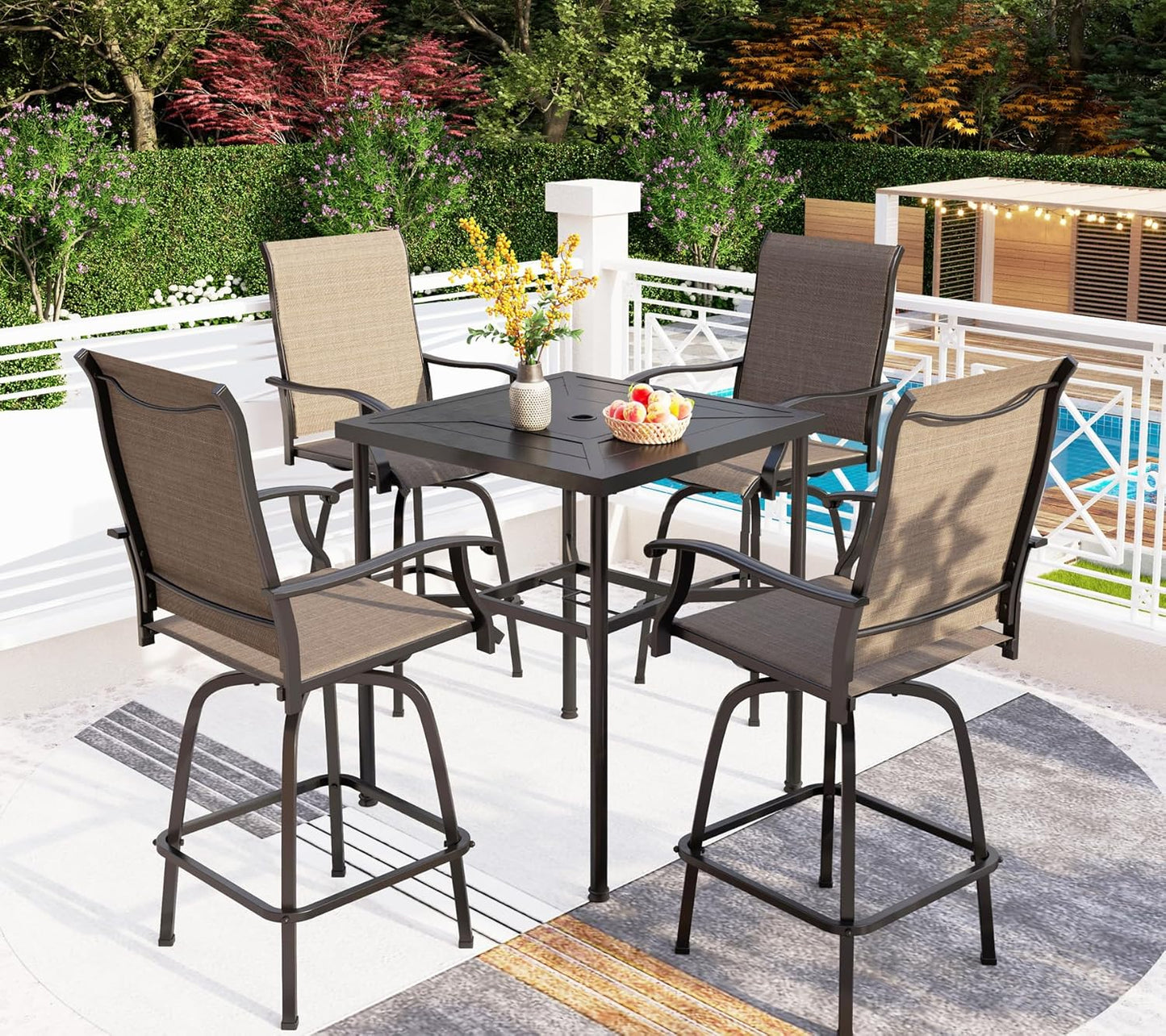 PHI VILLA Outdoor Swivel Bar Stools Set for 4, Metal Patio Bar Table and Chairs Set with Brown Textilene Fabric for Outside