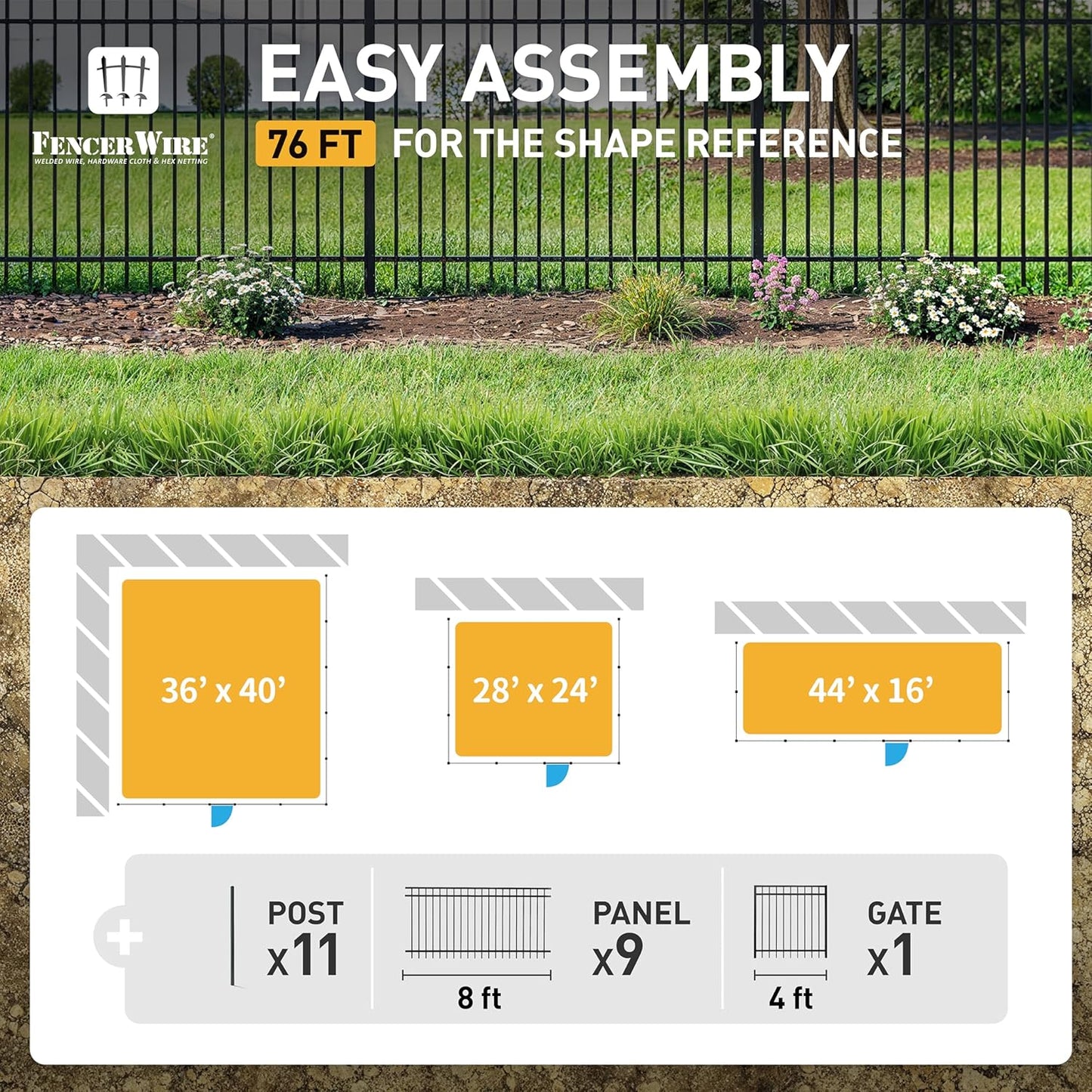 Fencer Wire 76FT Heavy Duty Flat Top Fence Barrier Kit, Anti-Rust Metal Steel Fence with 6FT Height X 8FT Width Panels, Gate, Posts, Connectors, 2” Diameter Outdoor Fencing for Yard, Pool, Patio
