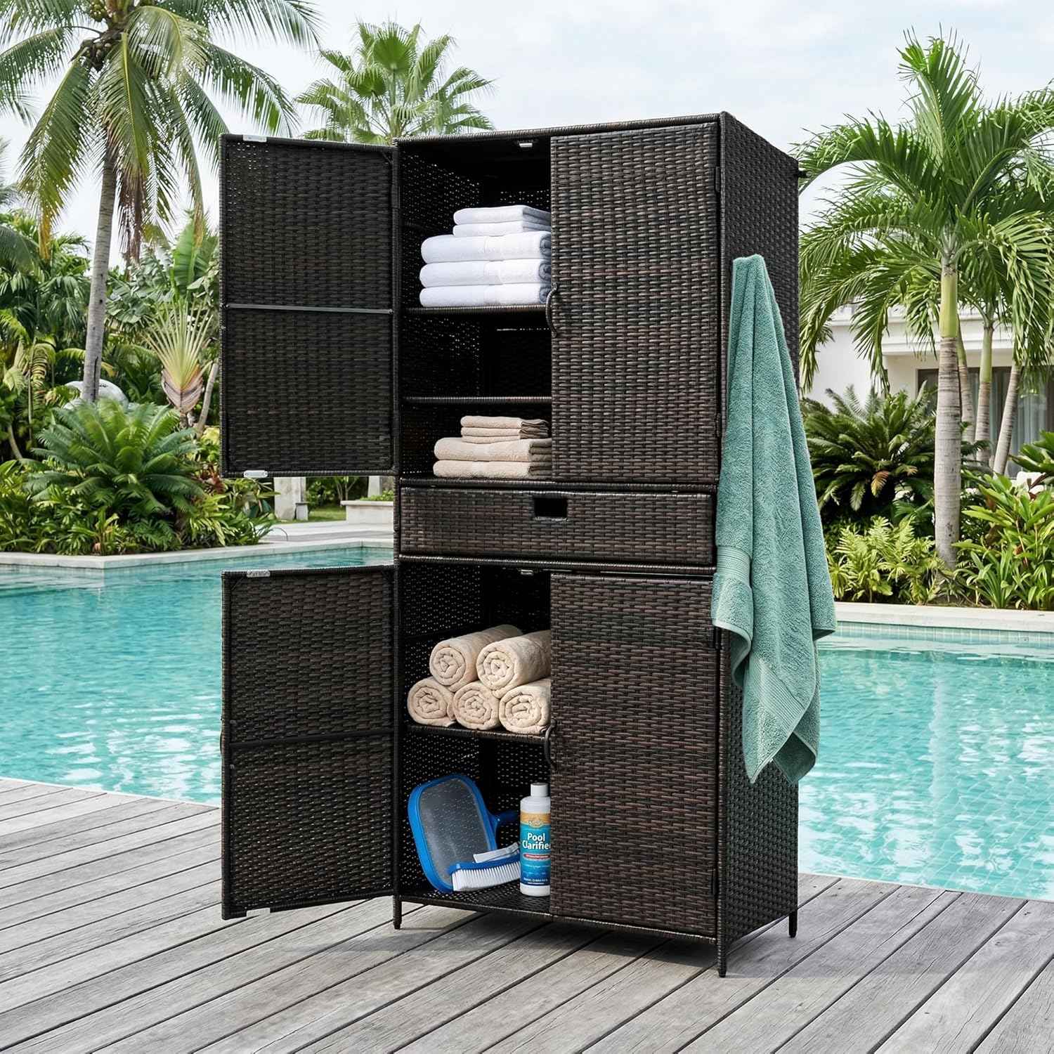 Wicker Outdoor Storage Cabinet - Rattan Pool Towel Storage Cabinet with Adjustable Shelves and Drawer, Brown+Black Tall Patio Cabinets Organizer with Doors for Garden, Backyard, Poolside