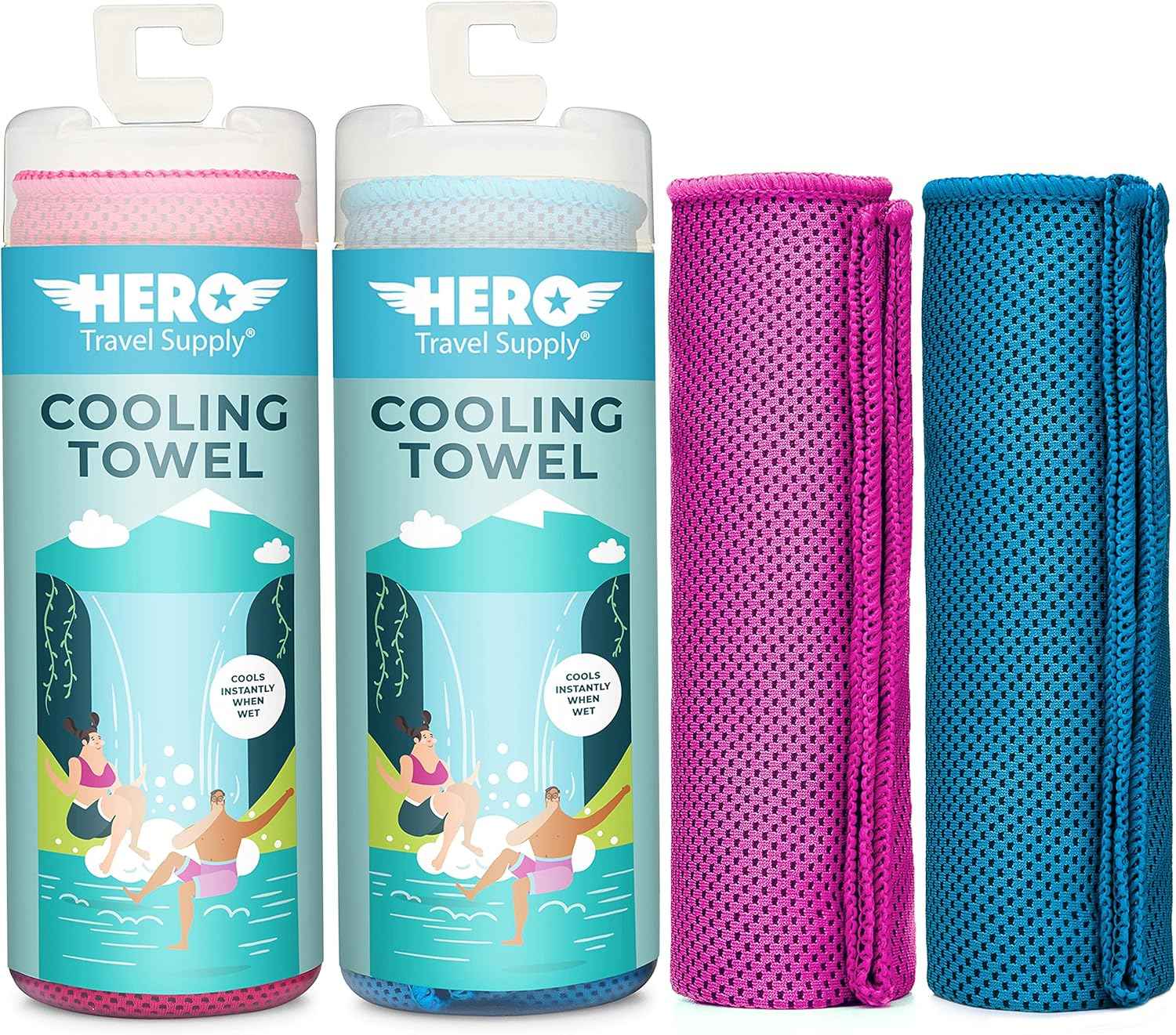 Hero Cooling Towel for Travel, Hiking, Sports, Yoga (2-Pack) Ultra Soft Microfiber 40" x 12" (Pink/Blue)