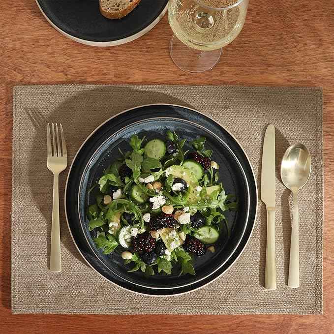 Gibson Elite Liberty Bay 16-Piece Pottery Clay Stoneware Dinnerware Set – Blue Reactive Glaze, Stackable Plates and Bowls W/Pasta Bowl, Service for 4 – Microwave & Dishwasher Safe