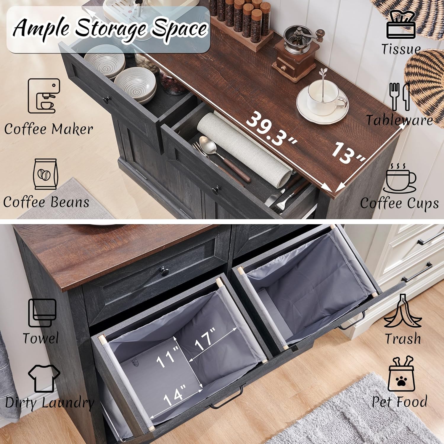 Double Tilt Out Laundry Hamper Cabinet, 20 Gallon Farmhouse Trash Can Cabinet with Drawer, Hidden Wood Garbage Can Bin Cabinet with Laundry Storage Basket for Bathroom, Kitchen, Dark Grey - Lumora Casa