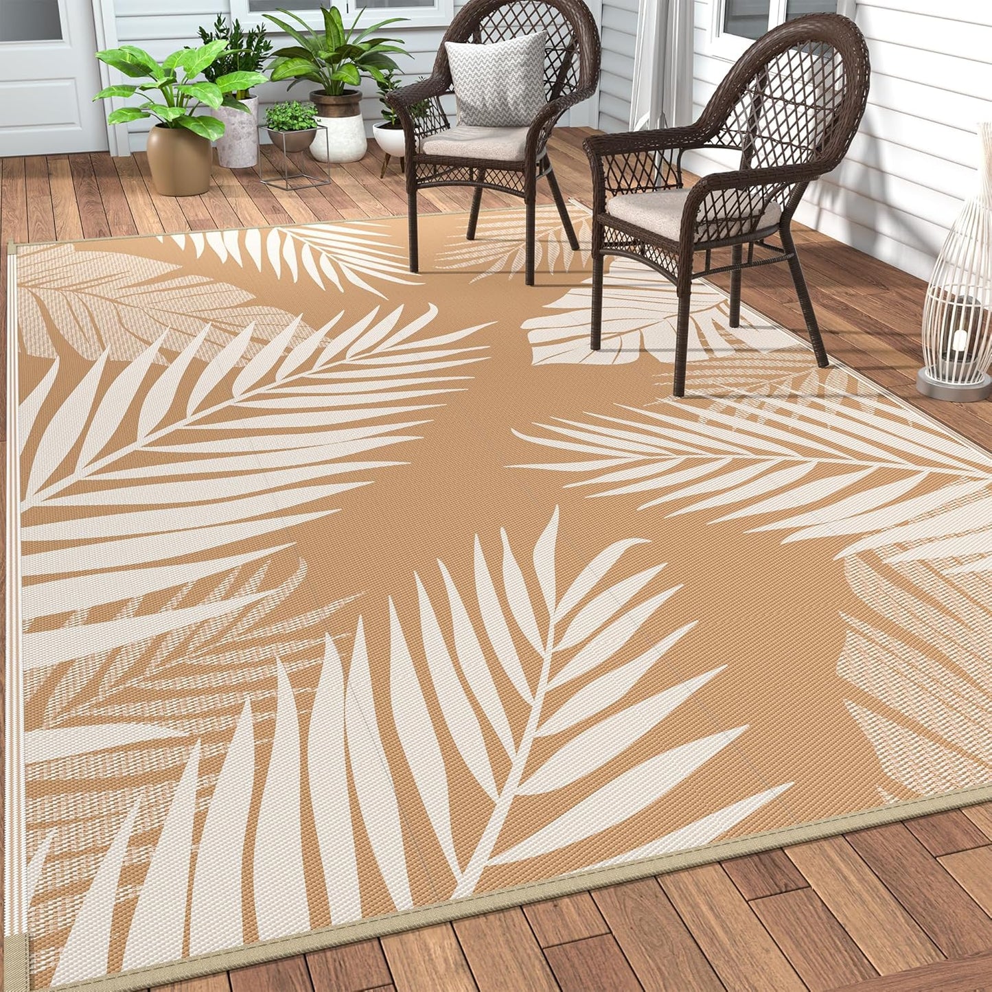 GENIMO Outdoor Rug 5' x 8' Waterproof for Patios Clearance, Reversible, Plastic Straw Camping Rug Carpet, Large Area Rugs Mats for RV, Picnic, Backyard, Deck, Balcony, Porch, Beach, Brown&Beige