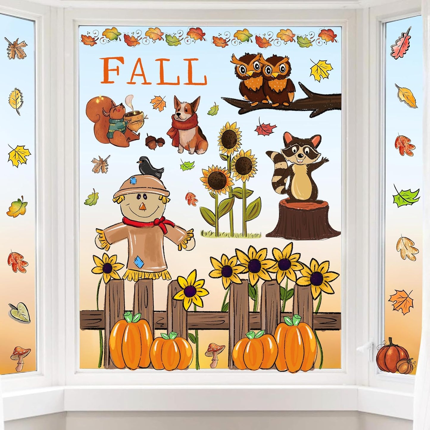 6 Sheets Fall Window Clings Fall Watercolor Pumpkin Maple Leaves Scarecrow Owl Sunflower Window Stickers for Autumn Thanksgiving Harvest Home Window Decals Decor