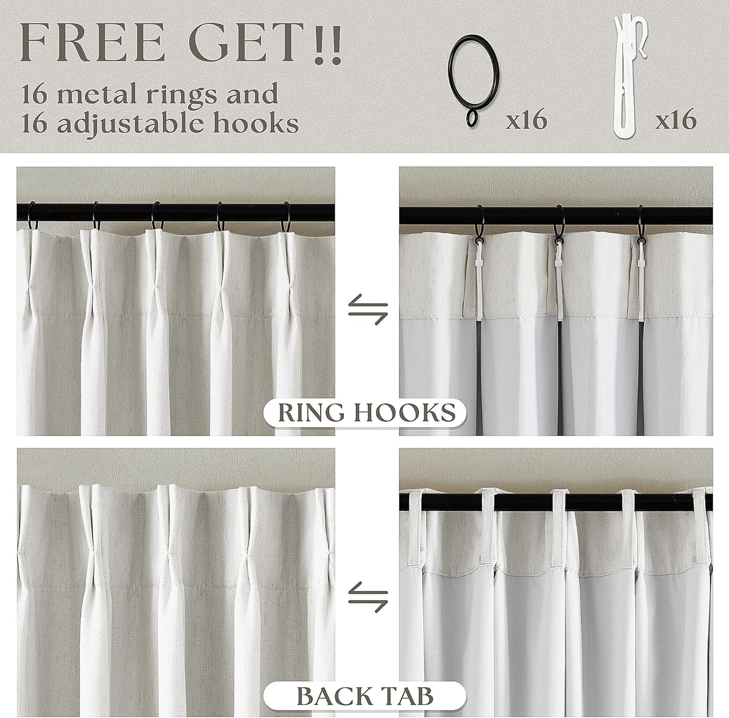 Beige White Pinch Pleated Full Blackout Curtains 2 Panels Set Linen Room Darkening 100% Black Out Window Curtains 96 Inch for Living Room Bedroom Thermal Insulated Pinch Pleat Drapes with Hooks Rings