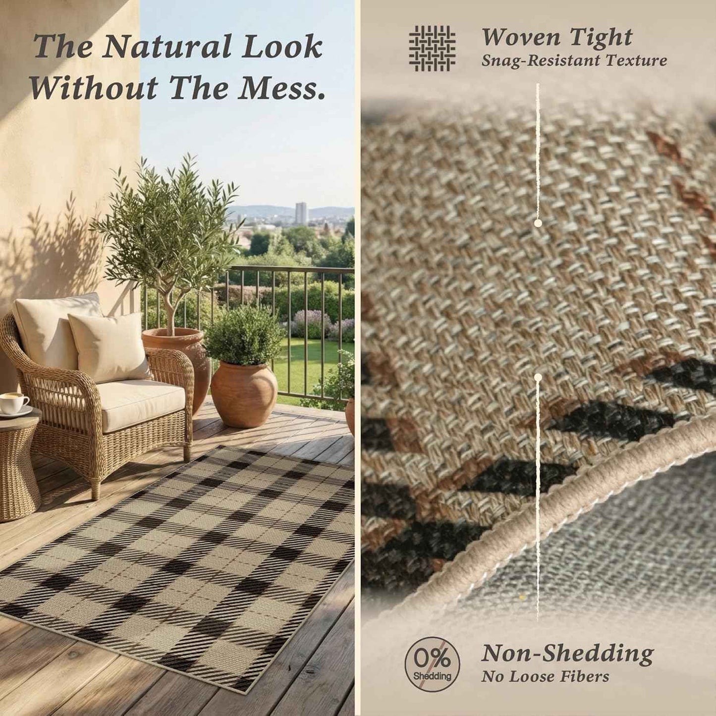 Neutral Easy Jute Rug 9x12 for Living Room, Large Indoor Outdoor Natural Color Farmhouse Area Rugs for Patio, Backyard and Dining Room, Plaid Woven Design, Non Shed, Washable Outside Carpet