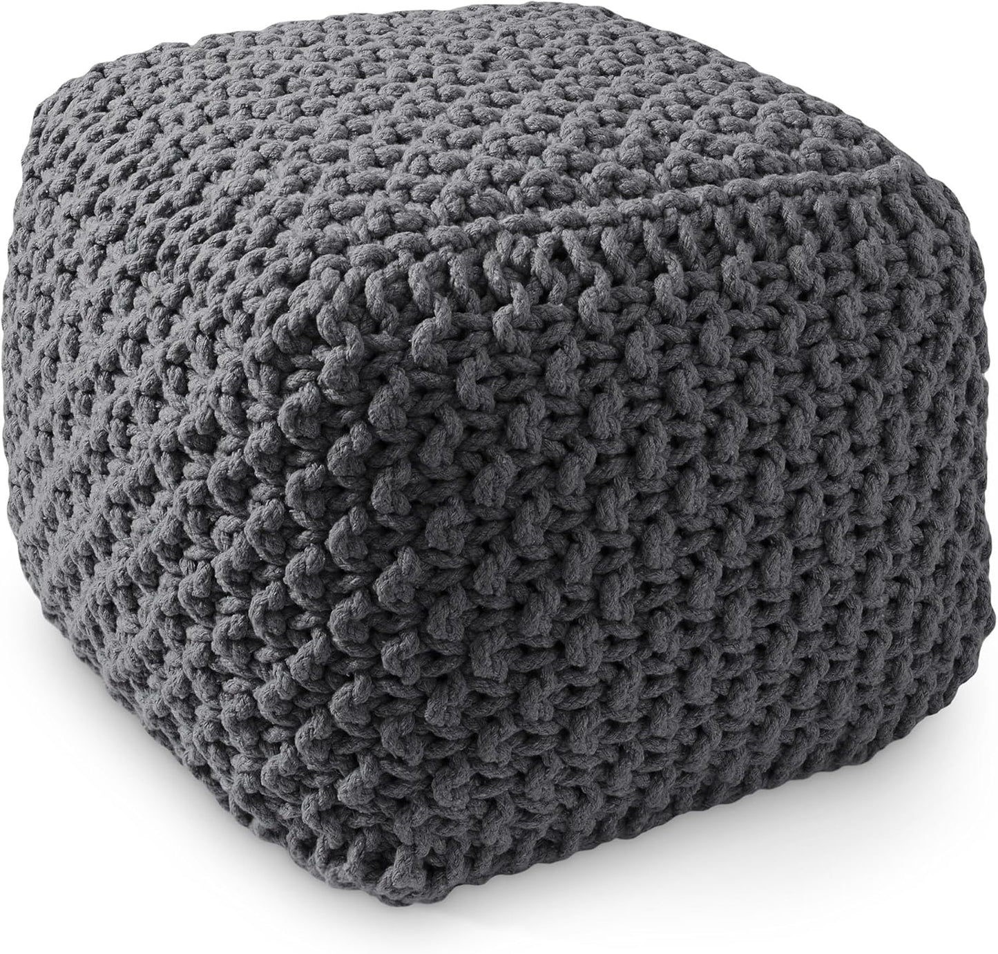 Casafield Square Pouf Ottoman, Dark Gray 18.5" W x 18.5" D x 14.5" H Cotton Knit Foot Stool - Boho Floor Pouffe for Living Room, Bedroom, Home Office