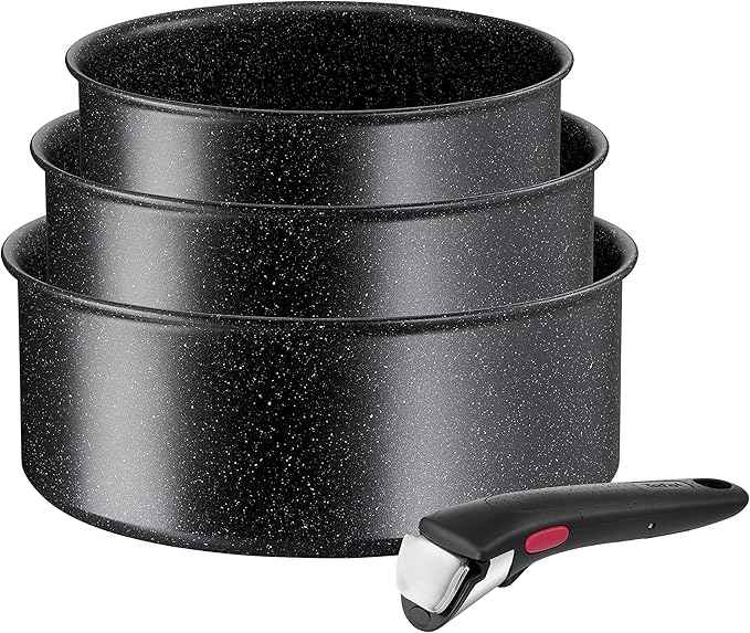 Tefal L39996 Ingenio Black Stone 4-Piece Casserole Set | Stackable | Non-Stick Coating | Suitable for Induction Cookers | Thermal Signal Temperature Indicator | Black
