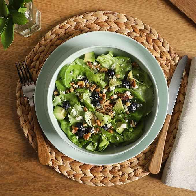 Gibson Home Candy Skies 12 Piece Unbreakable Wheat Straw Melamine Plates and Bowls Dinnerware Set - Outdoor, Camping, & Everyday Use - Matte Exterior/Shiny Interior Green