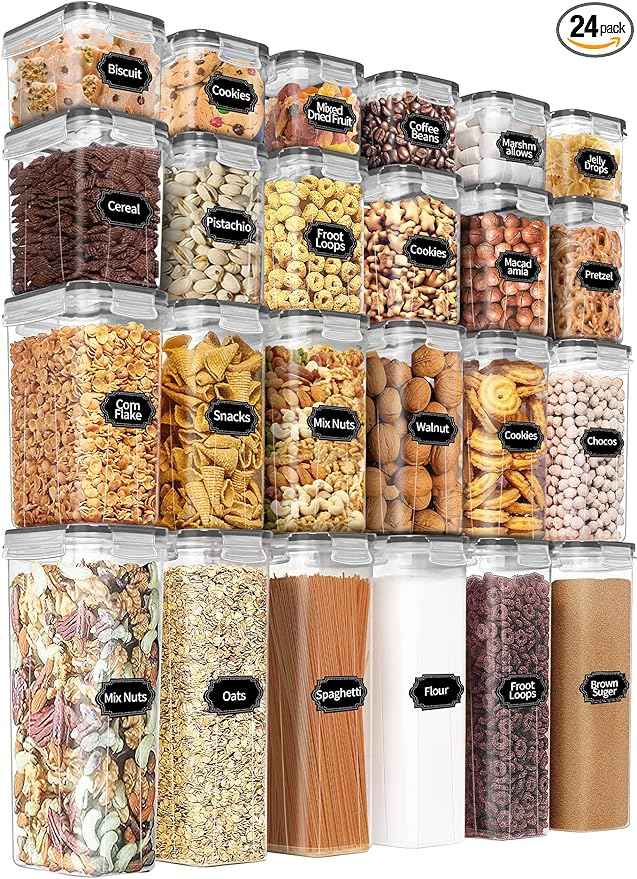 PRAKI Airtight Food Storage Containers Set with Lids - 24 PCS, BPA Free Kitchen and Pantry Organization, Plastic Leak-proof Canisters for Cereal Flour & Sugar - Labels & Marker(Grey)