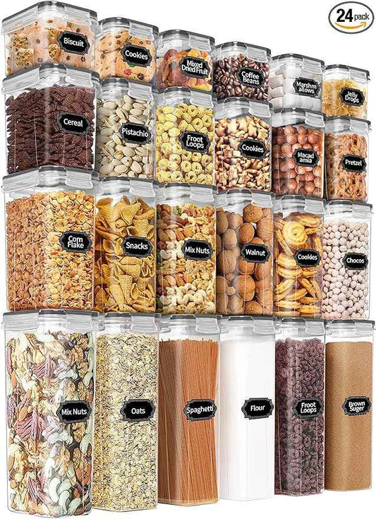 PRAKI Airtight Food Storage Containers Set with Lids - 24 PCS, BPA Free Kitchen and Pantry Organization, Plastic Leak-proof Canisters for Cereal Flour & Sugar - Labels & Marker(Grey)