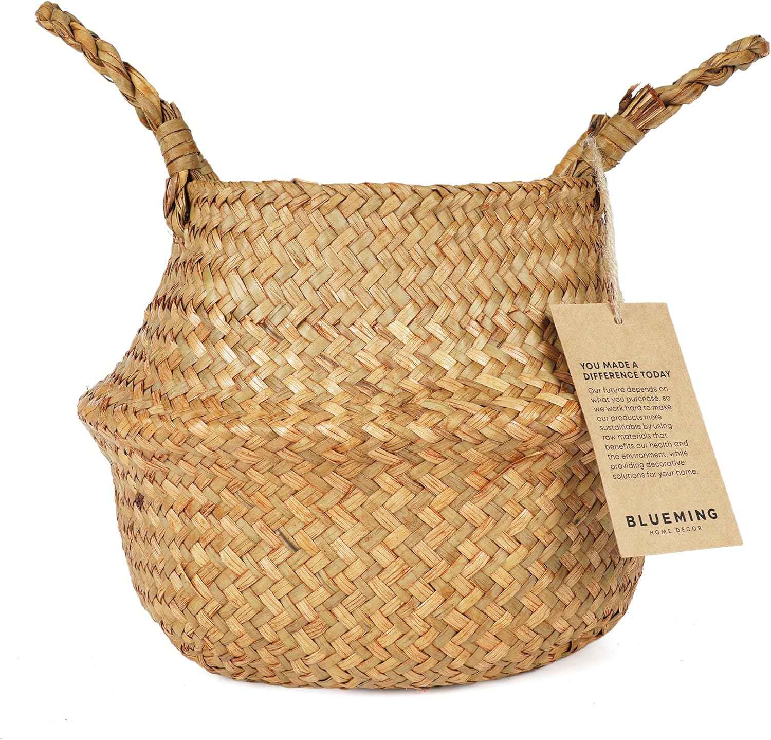 Basket Planter for Indoor Plants – 7 Inch Small Woven Wicker Pot for Olive Tree, Faux Plants, or Snake Plant, Handwoven Seagrass Basket with Handles (Original, Small)