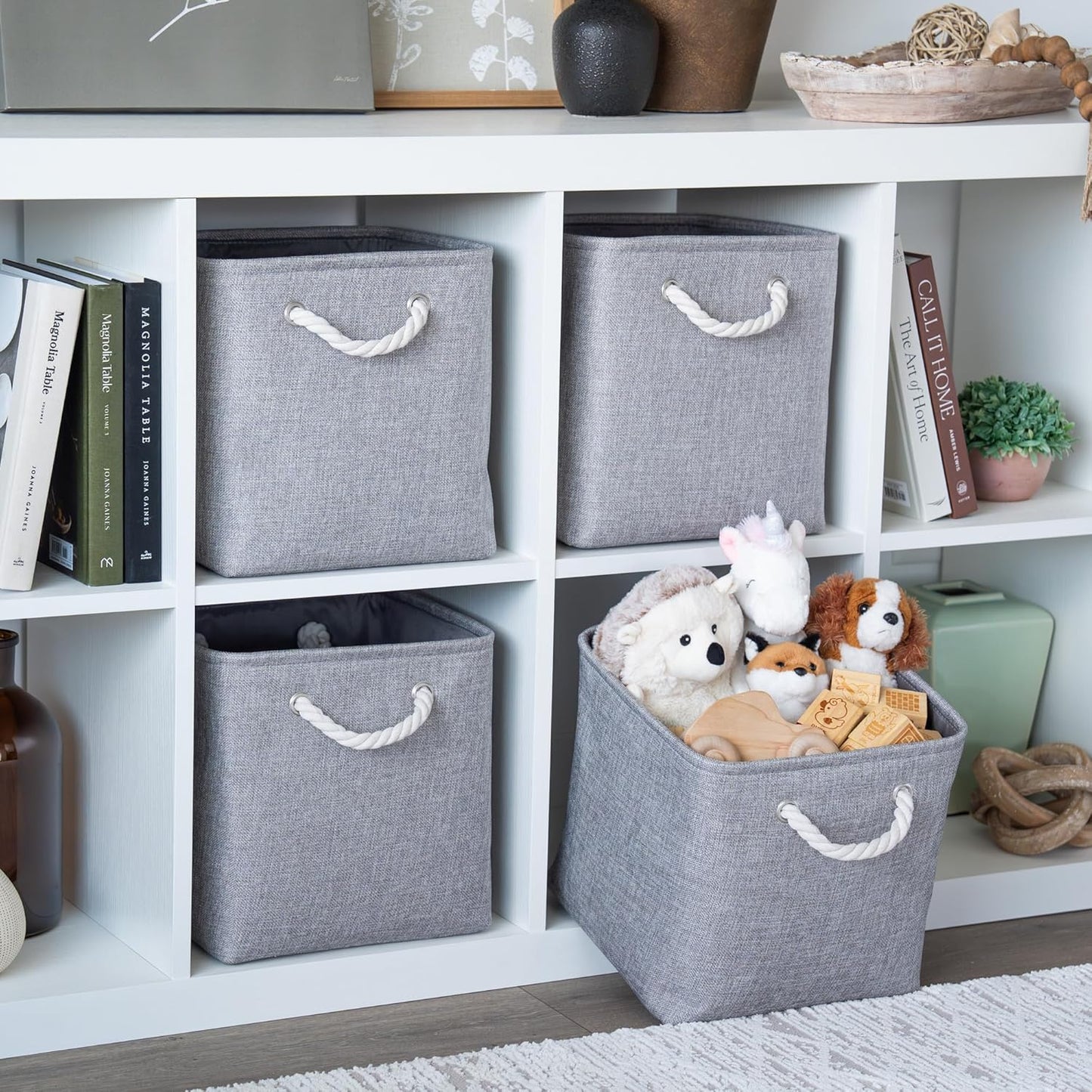 OrganiHaus 11x11 Cube Storage Bins 4 Pack, Foldable Cube Storage Organizer w/ Rope Handles, Collapsible Fabric Bins for Toys, Clothes & Closet Organization, Fabric Square Baskets - Gray