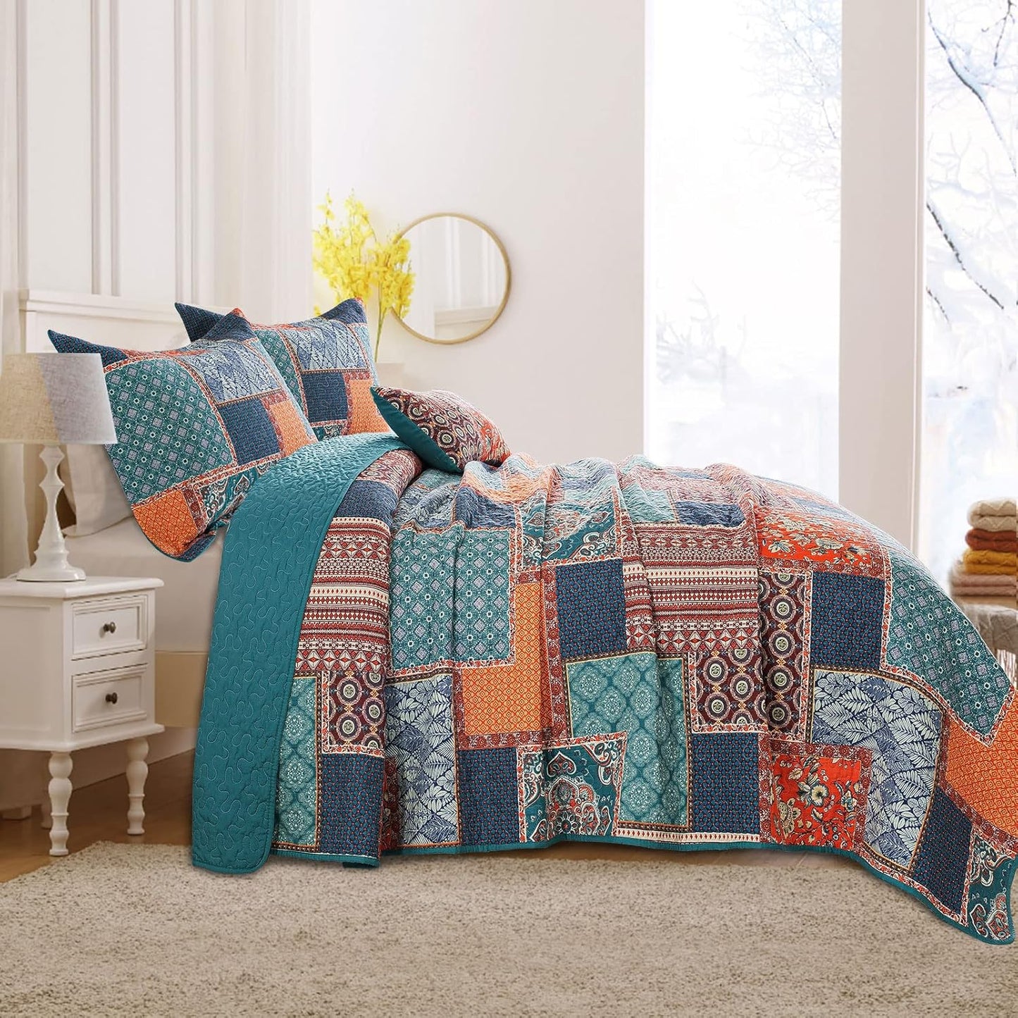 VAPUTAR Cotton Quilt King Size Bedding Set - 3 Pieces King Quilt Bedding Set, Boho King Size Quilts, Lightweight Reversible Coverlets Bedspreads for Farmhouse Bedroom