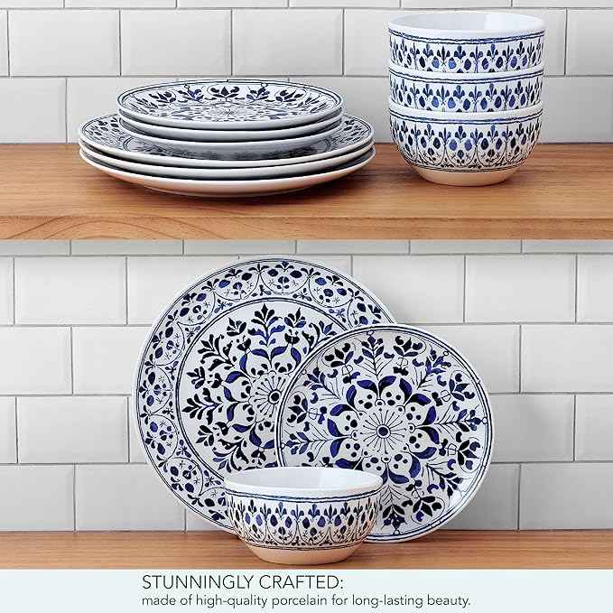 Pfaltzgraff Medallion Radiance 12 Piece Stoneware Dinnerware Plate Bowl Dish Set, Service for 4, Blue