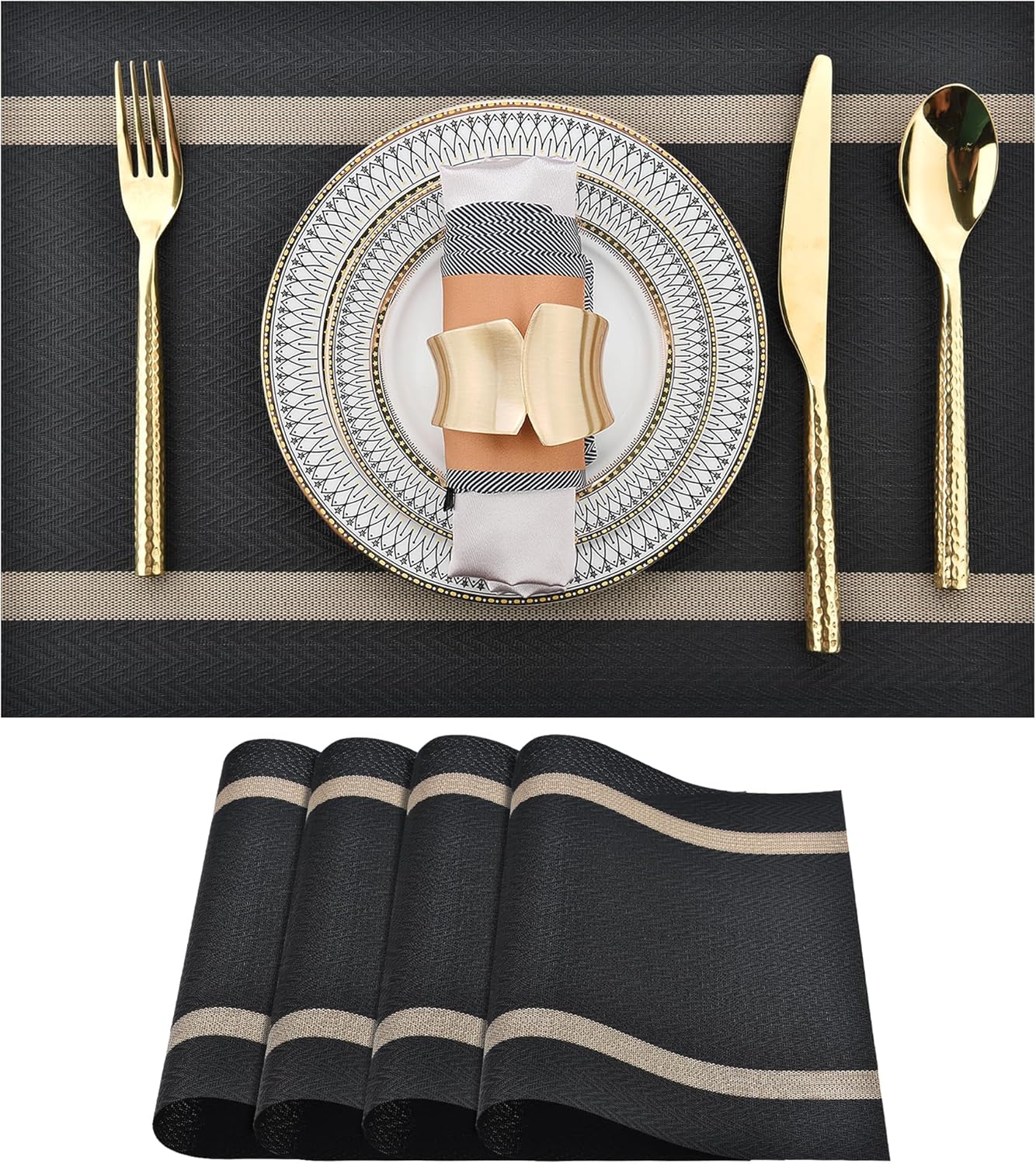 Black Placemats Set of 4 - Easy Clean Modern Durable Washable Vinyl Place Mats - Heat Resistant Placemats for Kitchen Table - PVC Table Mats for Dining Table (Black with Stripes, 4)