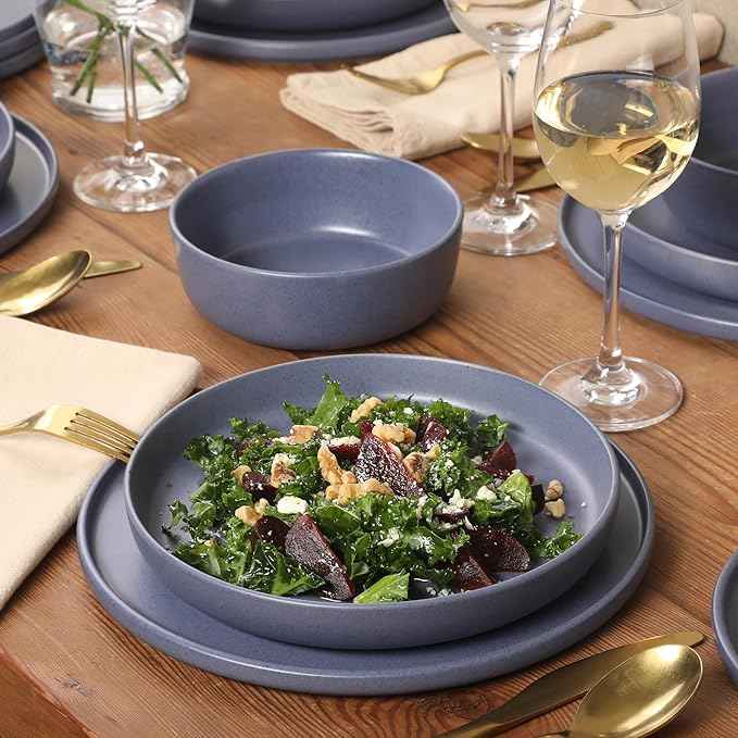Gibson Elite Bayou Moon Plates and Bowls Sets, 16-Piece Blue Matte Stoneware Dinnerware Sets, Solid Color Reactive Glaze Dish Set