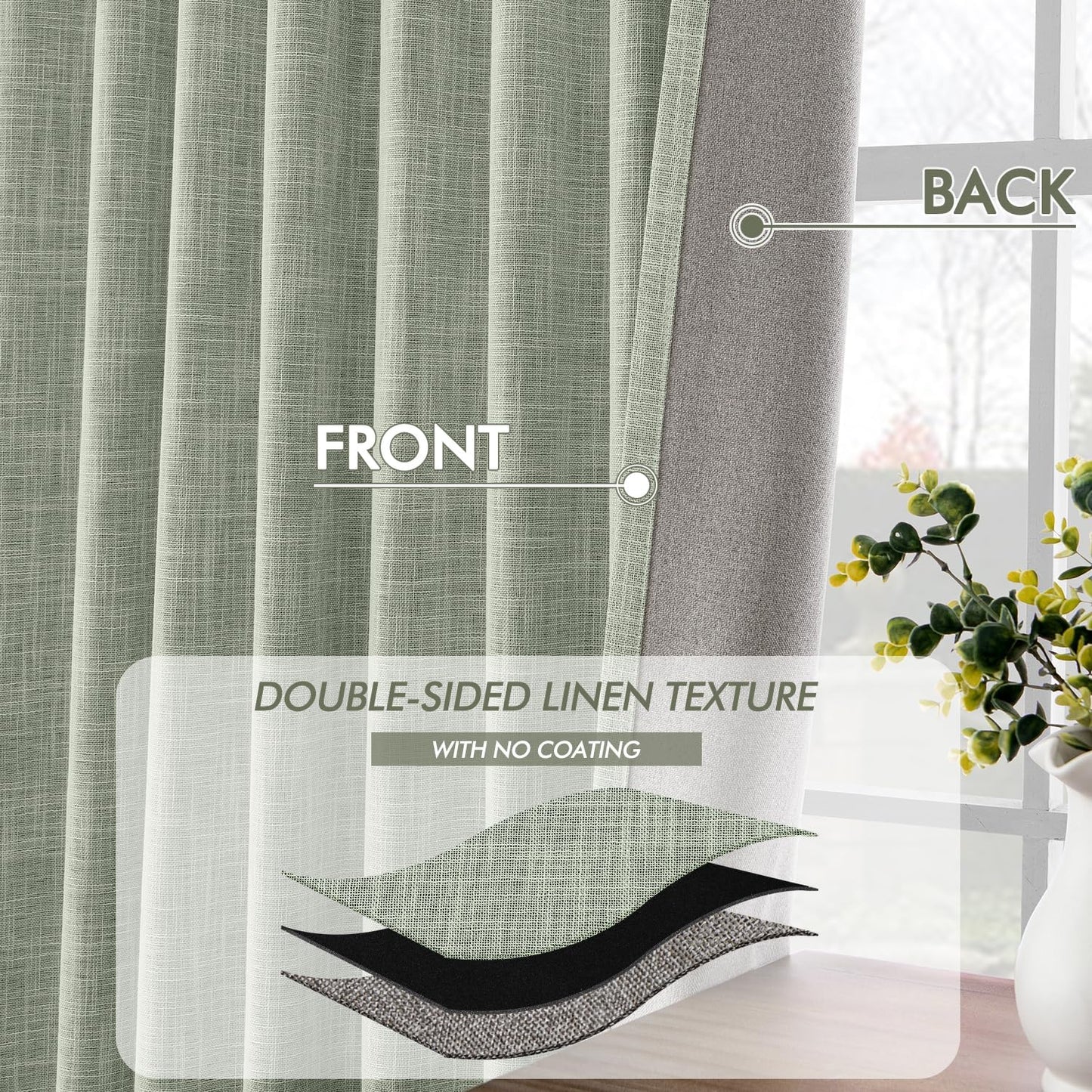 MIULEE Sage Green 100% Blackout Linen Curtains 84 Inch 2 Panels Set Double Sided No Coating Pleated Back Tab Black Out Long Thermal Insulated Pinch Pleat Bedroom Living Room Darkening Window Drapes