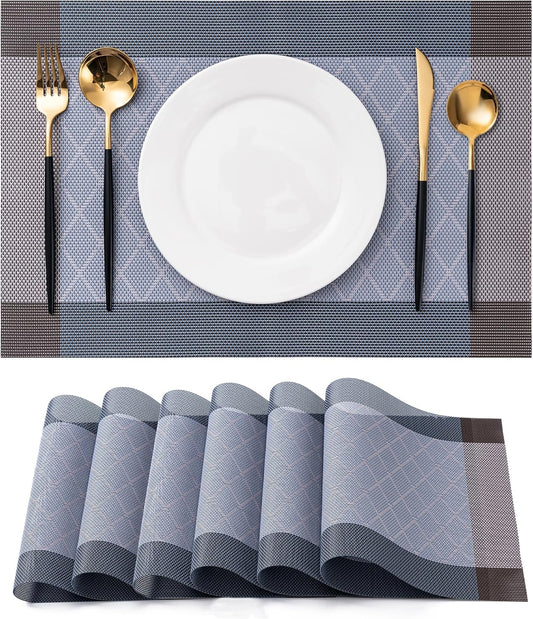 CADONO Placemats Set of 6 Washable Indoor/Outdoor Vinyl Place Mats for Dining Table Durable Non-Slip Heat Resistant PVC Weave Table Mats（Rhombus-Blue）
